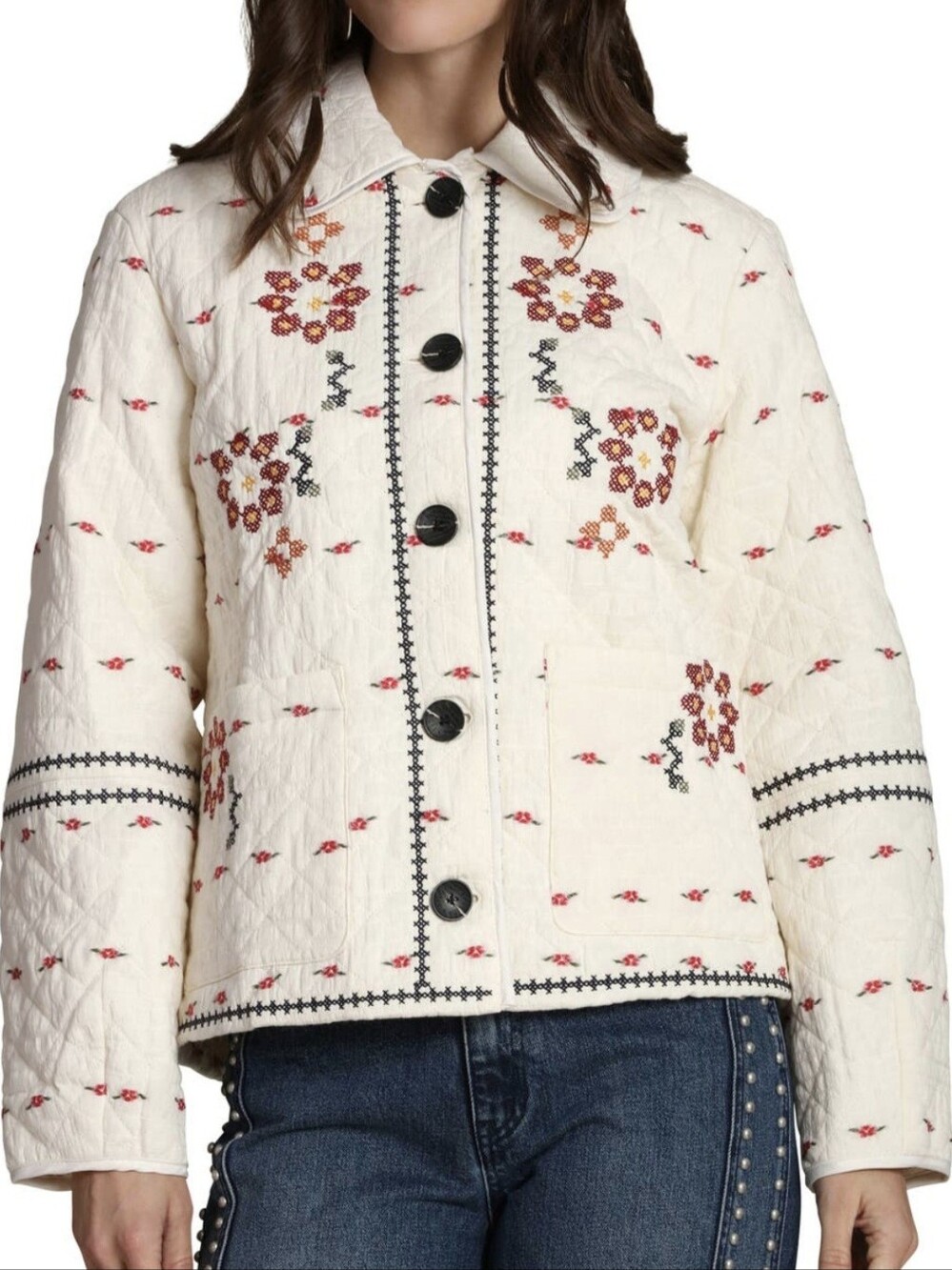 Avec Les Filles Embroidered Quilted Cotton Jacket Cream Floral Boho Coat